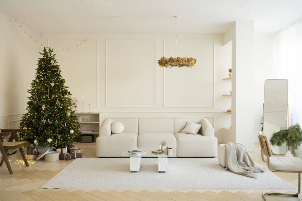 bright interior room with elegant christmas tree scandinavian style