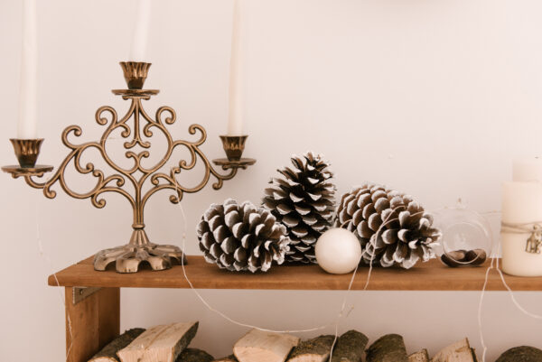 christmas interior decor with logs and vintage items