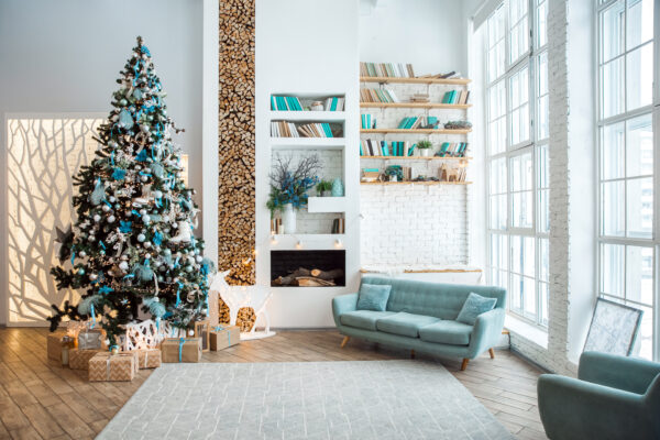 modern white room interior with new year tree decorated