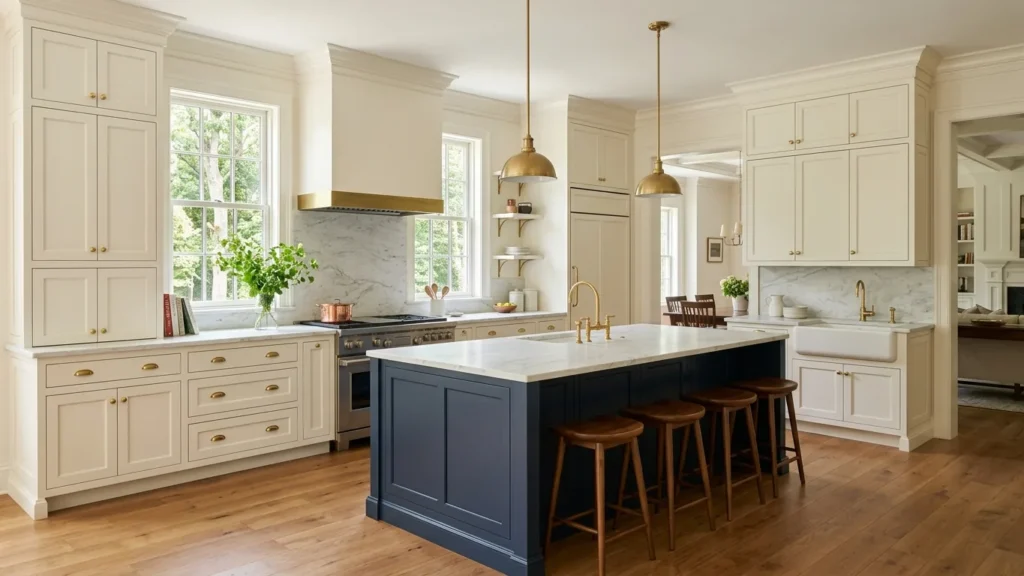 Refinished off-white kitchen cabinetry with a deep navy island and marble countertops in a Greenwich, CT home