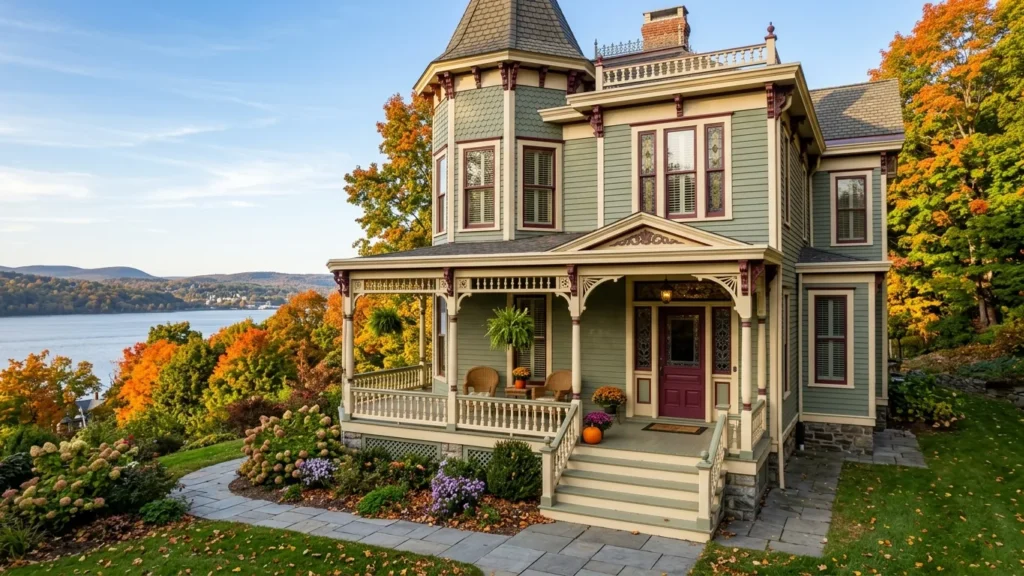 Victorian home in Irvington, NY freshly painted in a multi-colour scheme with decorative millwork, in autumn