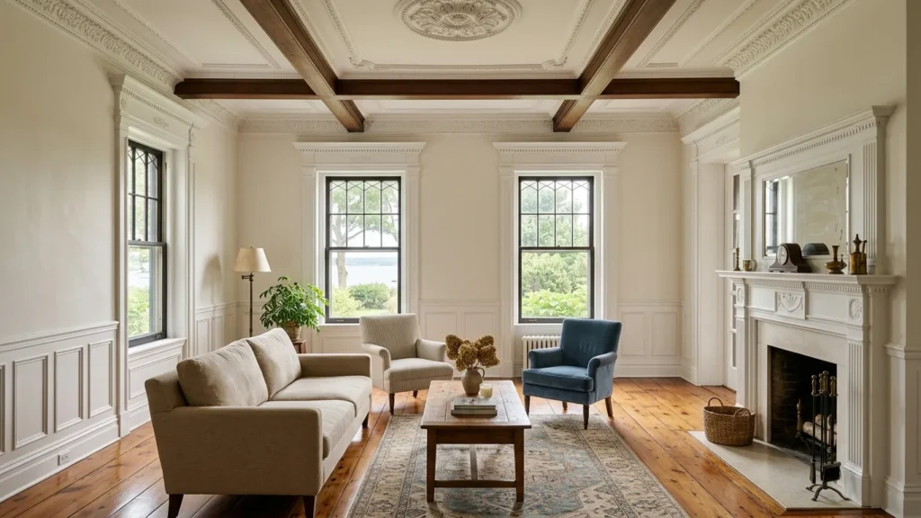 Living room with warm off-white plaster walls and elaborate white millwork in a Larchmont, NY Manor home