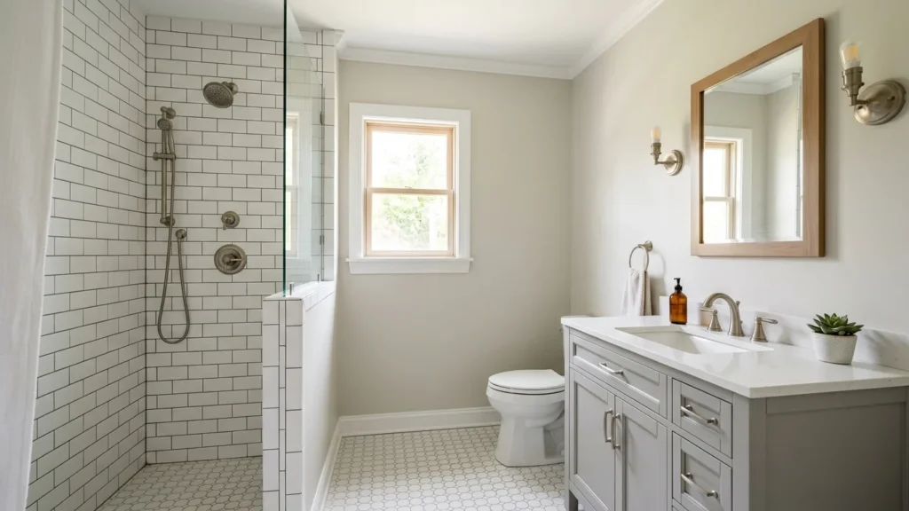 Refreshed bathroom with white subway tile, hex floor tile and a repainted grey vanity in Port Chester, NY